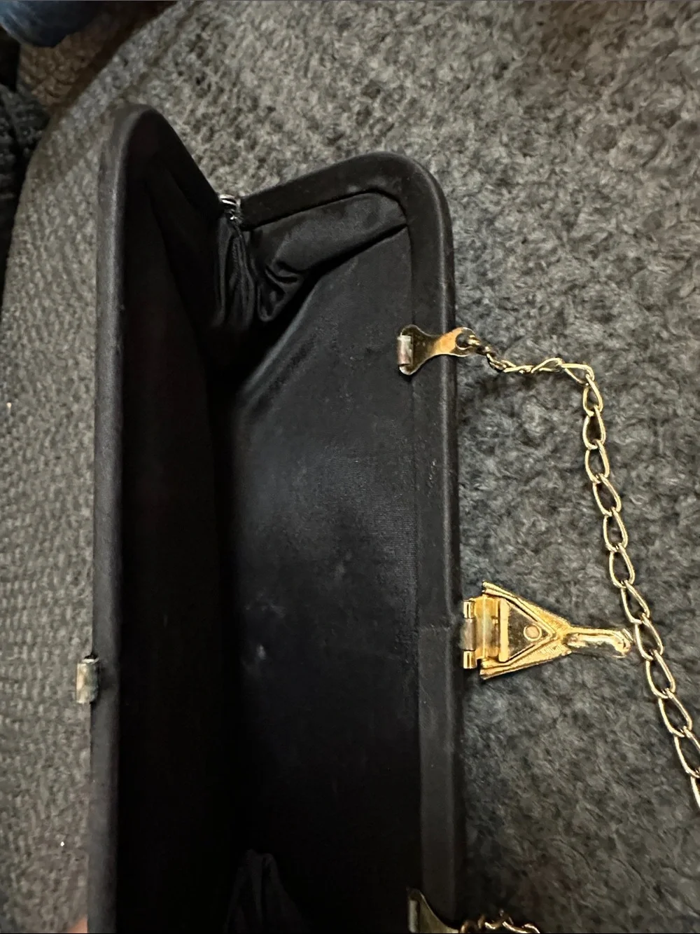 Black Satin Evening Clutch with Gold Chain